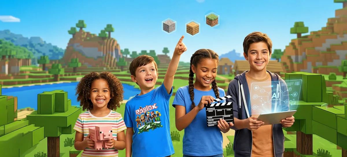 Ilustración de cuatro niños felices con dispositivos digitales en un paisaje de bloques voxel estilo campamento de verano